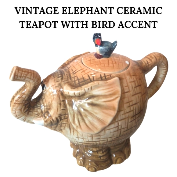 RARE FIND & VINTAGE ELEPHANT CERAMIC TEAPOT WITH BIRD ACCENT - Picture 1 of 2